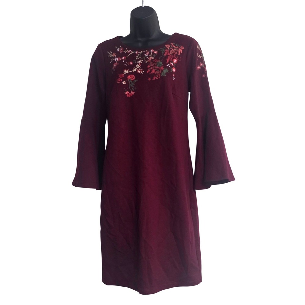 Grey‎ & Gray Burgundy Floral Embroidered Bell Sleeve Sheath Dress Size 6